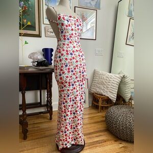 Floral Bodycon Maxi Dress - White with Red & Purple Floral Print